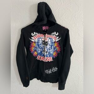 VTG Y2K Blac Label Hoodie Punk Goth Emo Cyber Red Spine Skater Zip-Up | Size: S